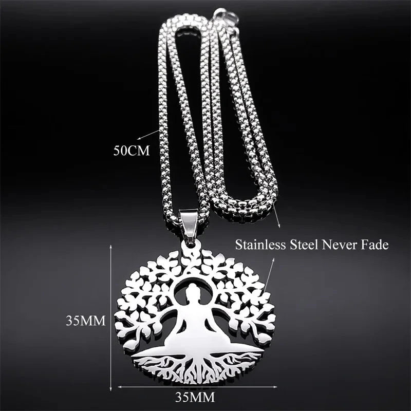 Arbre d’Éveil – Pendentif Bouddha & Chakra en Acier Esprit Tibet 