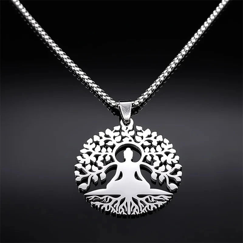 Arbre d’Éveil – Pendentif Bouddha & Chakra en Acier Esprit Tibet 