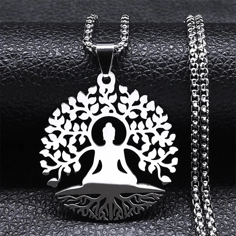 Arbre d’Éveil – Pendentif Bouddha & Chakra en Acier Esprit Tibet Arbre Argenté 50 cm 