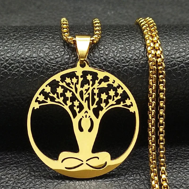 Arbre d’Éveil – Pendentif Bouddha & Chakra en Acier Esprit Tibet Bodhi Doré 60 cm 