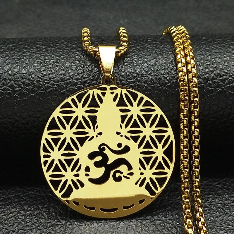 Arbre d’Éveil – Pendentif Bouddha & Chakra en Acier Esprit Tibet Lotus Doré 60 cm 
