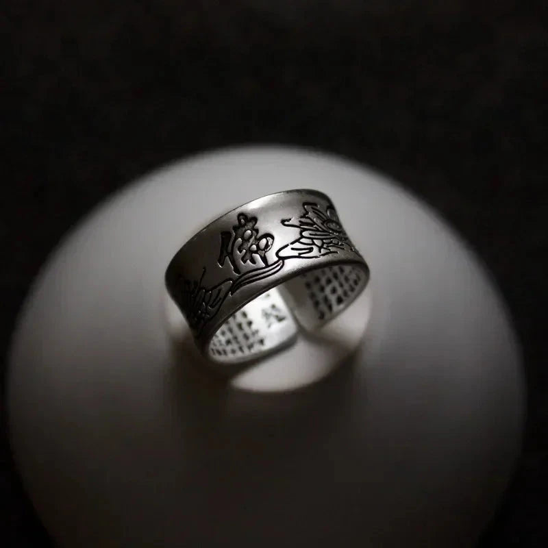 Bague Tibétaine Femme – Fleur de Lotus & Mantra OM en Cuivre Argenté Esprit Tibet BouddhaNoir 