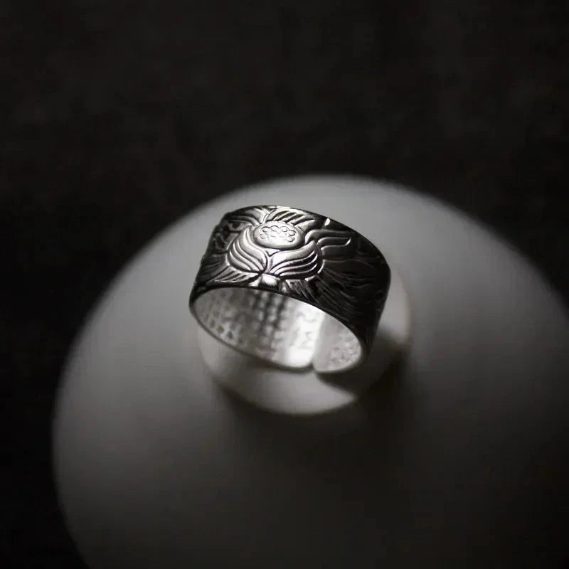 Bague Tibétaine Femme – Fleur de Lotus & Mantra OM en Cuivre Argenté Esprit Tibet FeuilleBlanche 