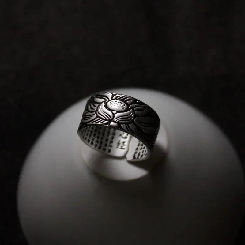 Bague Tibétaine Femme – Fleur de Lotus & Mantra OM en Cuivre Argenté Esprit Tibet FeuilleNoire 