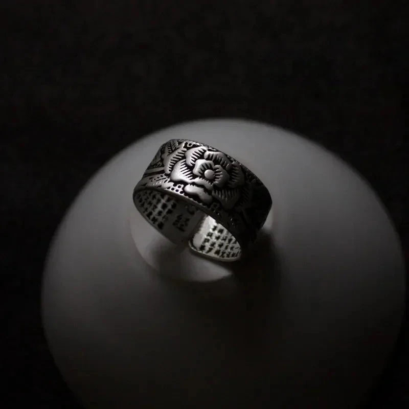 Bague Tibétaine Femme – Fleur de Lotus & Mantra OM en Cuivre Argenté Esprit Tibet FleurNoire 