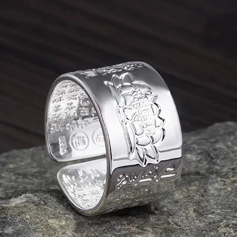 Bague Tibétaine Femme – Fleur de Lotus & Mantra OM en Cuivre Argenté Esprit Tibet LotusBlanc 