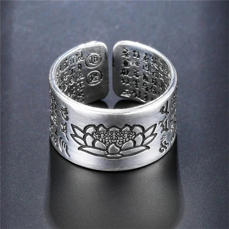 Bague Tibétaine Femme – Fleur de Lotus & Mantra OM en Cuivre Argenté Esprit Tibet LotusNoir 
