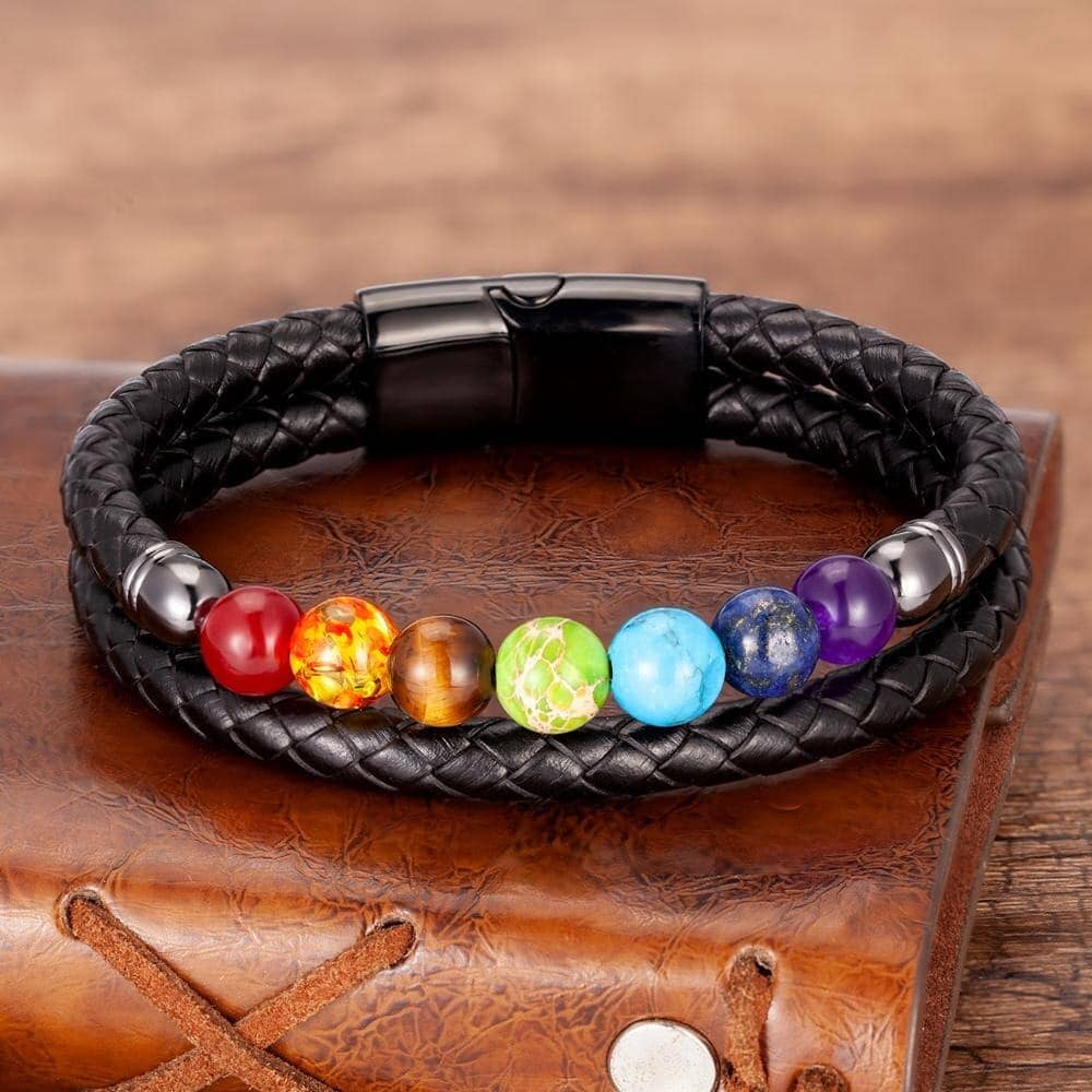 Bracelet 7 chakras homme — double cordon tressé et pierres symboliques Esprit Tibet 19 cm 