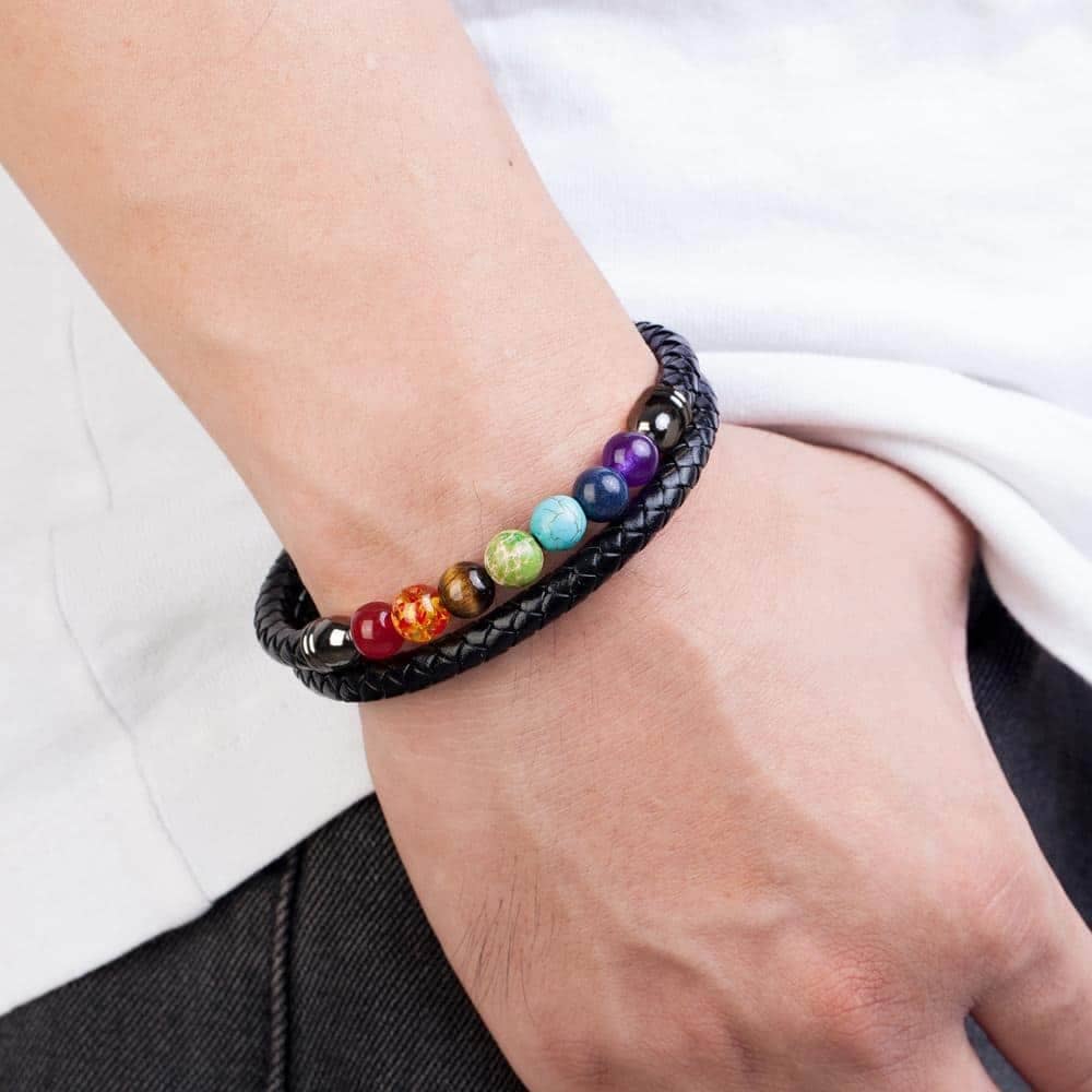 Bracelet 7 chakras homme — double cordon tressé et pierres symboliques Esprit Tibet 