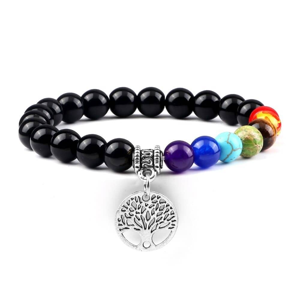 Bracelet 7 chakras — pendentif arbre de vie doré ou argenté Esprit Tibet Argent Obsidienne 