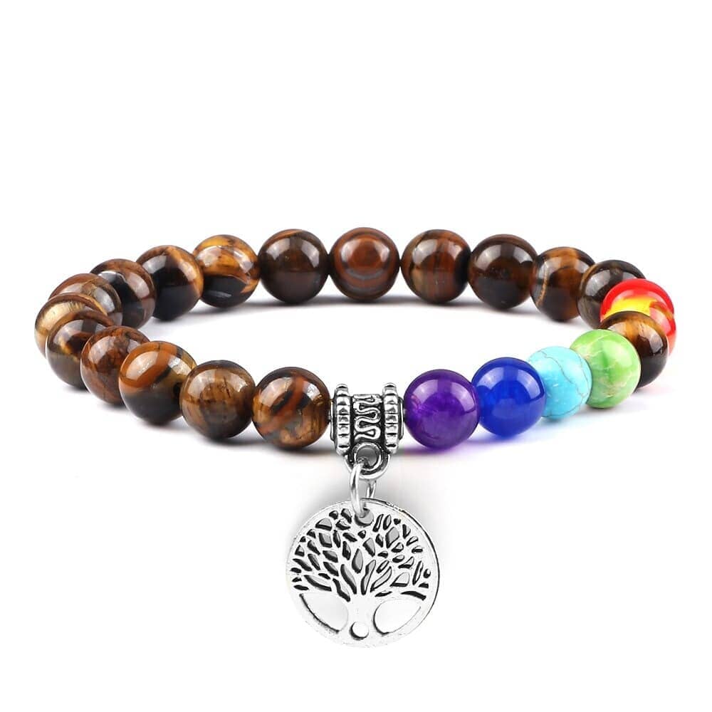 Bracelet 7 chakras — pendentif arbre de vie doré ou argenté Esprit Tibet Argent Oeil de tigre 