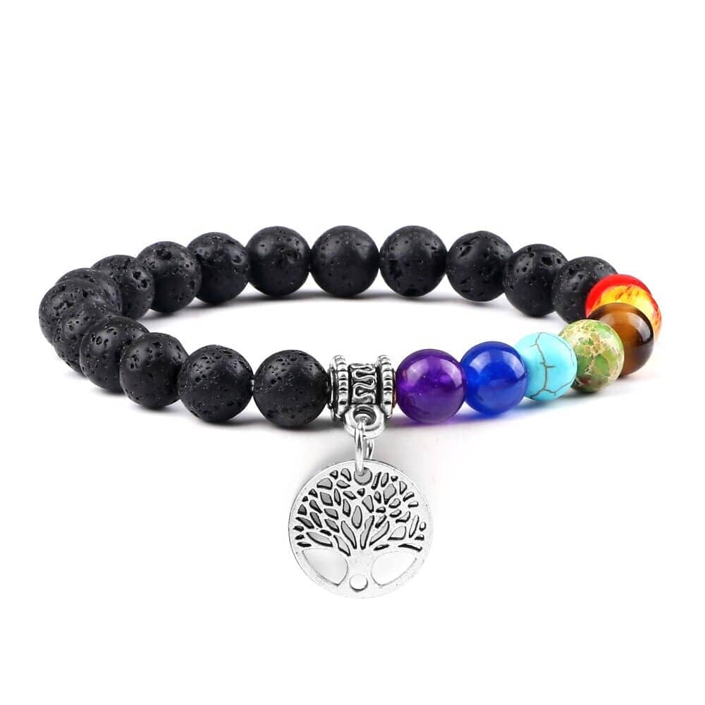 Bracelet 7 chakras — pendentif arbre de vie doré ou argenté Esprit Tibet Argent Pierre de lave 