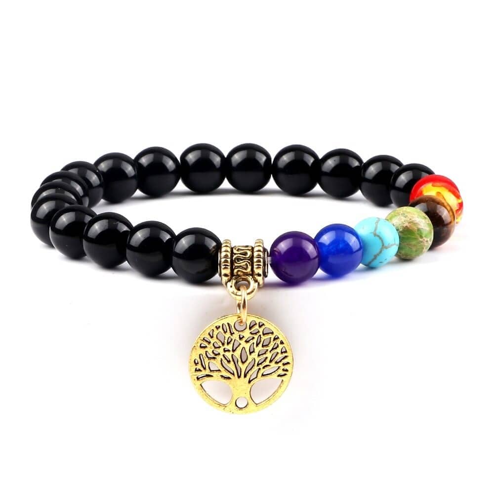 Bracelet 7 chakras — pendentif arbre de vie doré ou argenté Esprit Tibet Or Obsidienne 