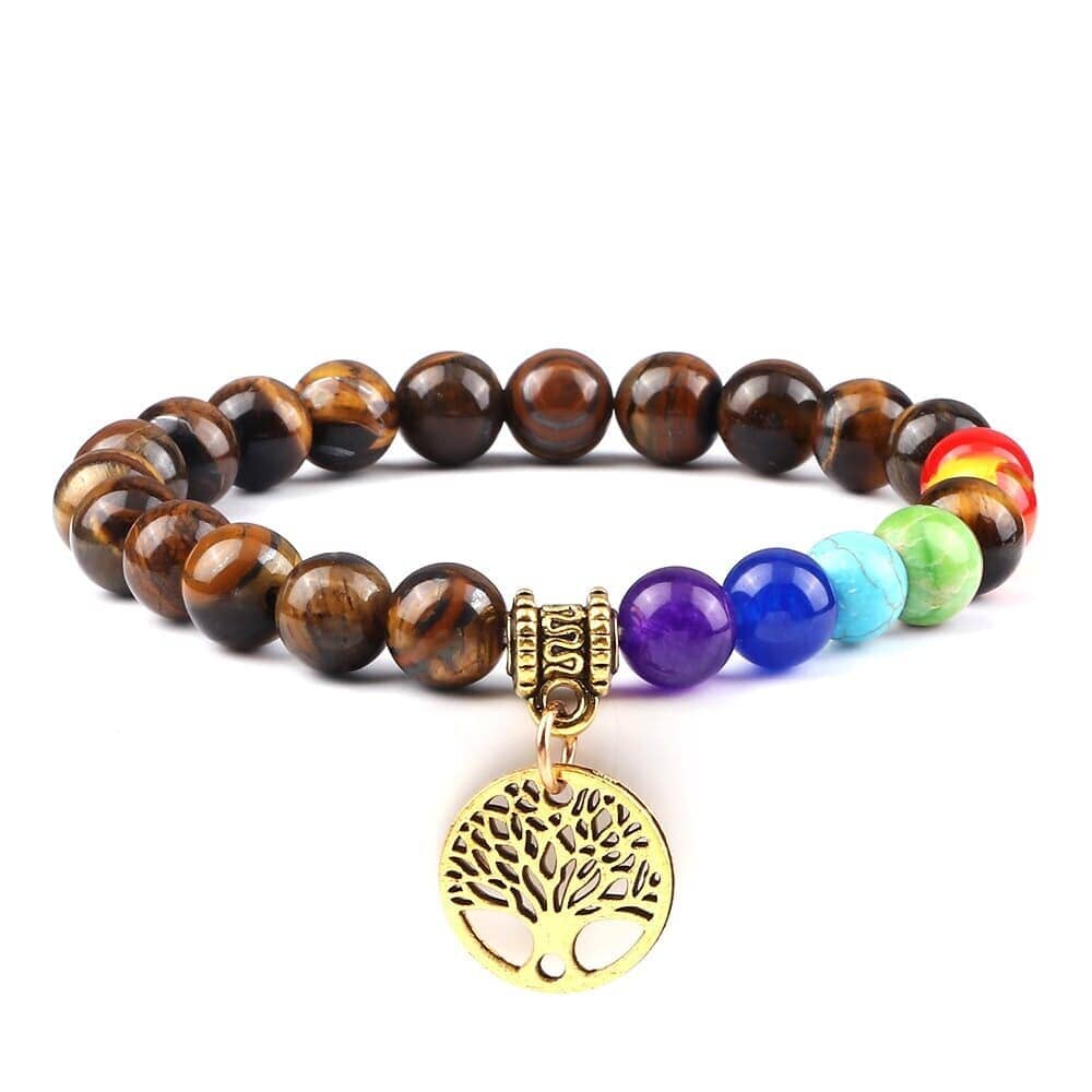 Bracelet 7 chakras — pendentif arbre de vie doré ou argenté Esprit Tibet Or Oeil de tigre 