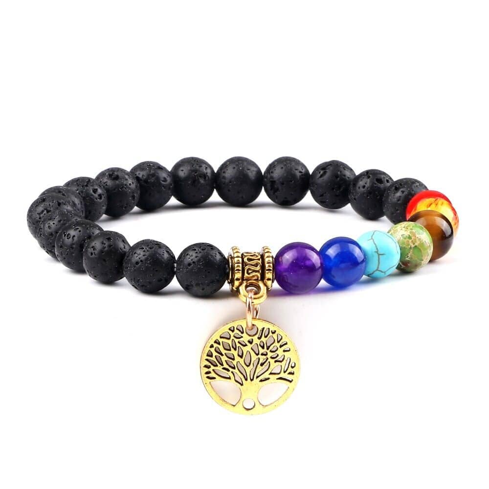 Bracelet 7 chakras — pendentif arbre de vie doré ou argenté Esprit Tibet Or Pierre de lave 