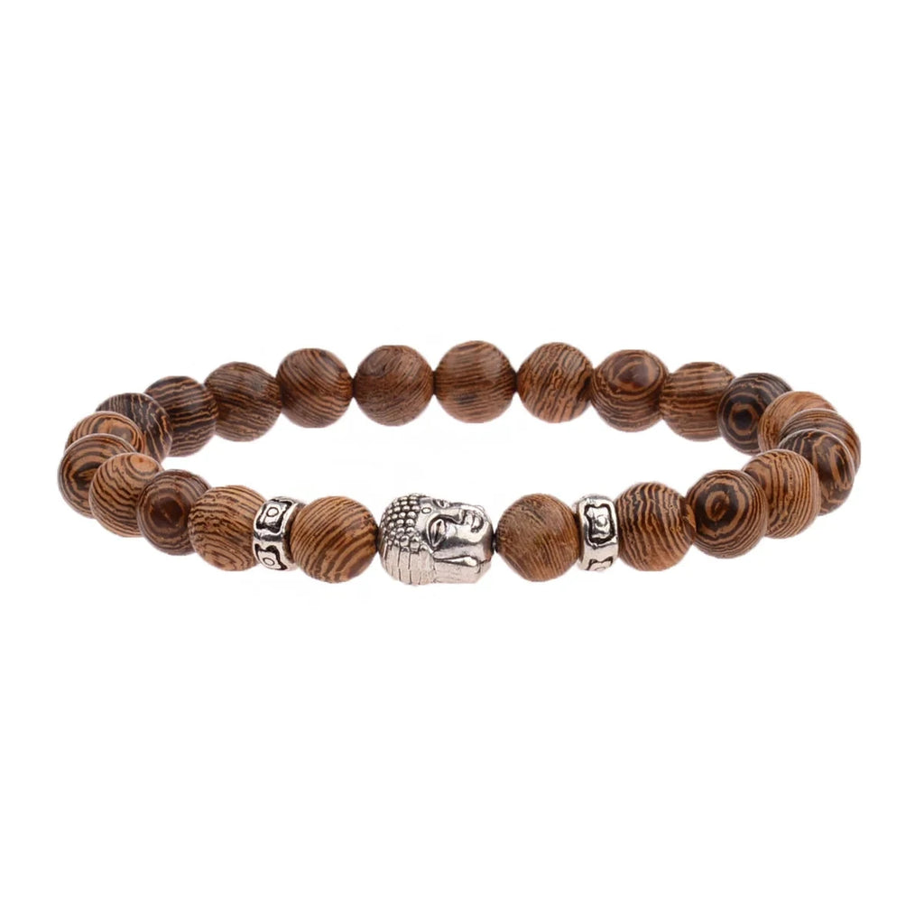 Bracelet Bouddha OM – Perles de Bois Sacré Esprit Tibet Bouddha Argenté 