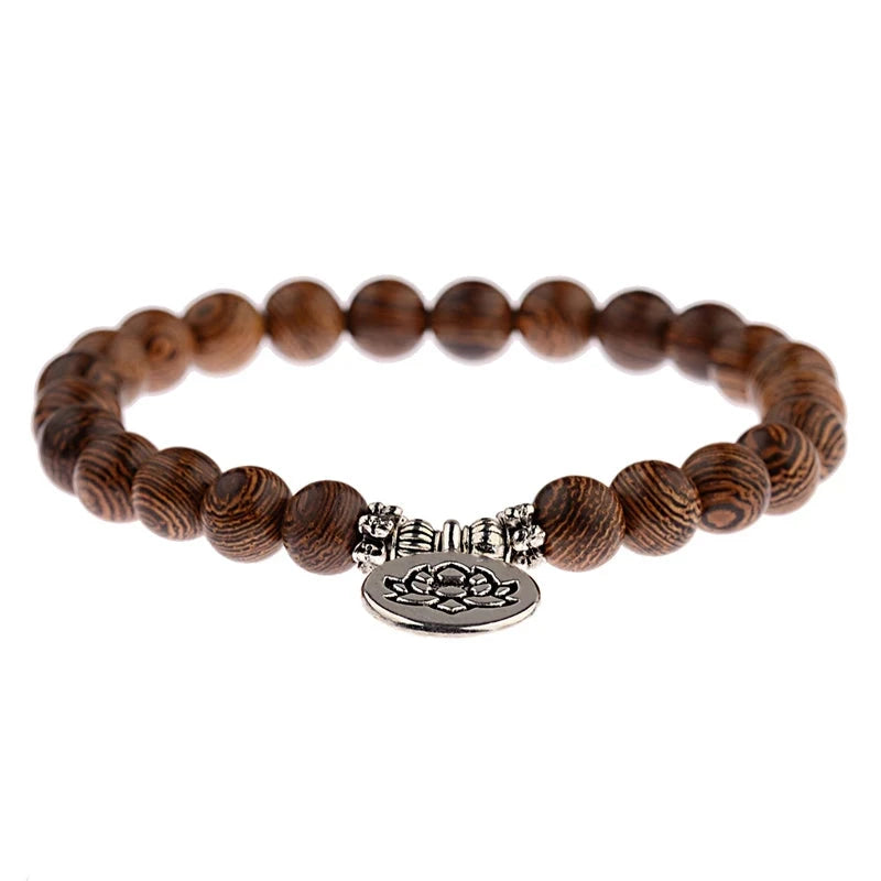Bracelet Bouddha OM – Perles de Bois Sacré Esprit Tibet Médaillon Lotus 