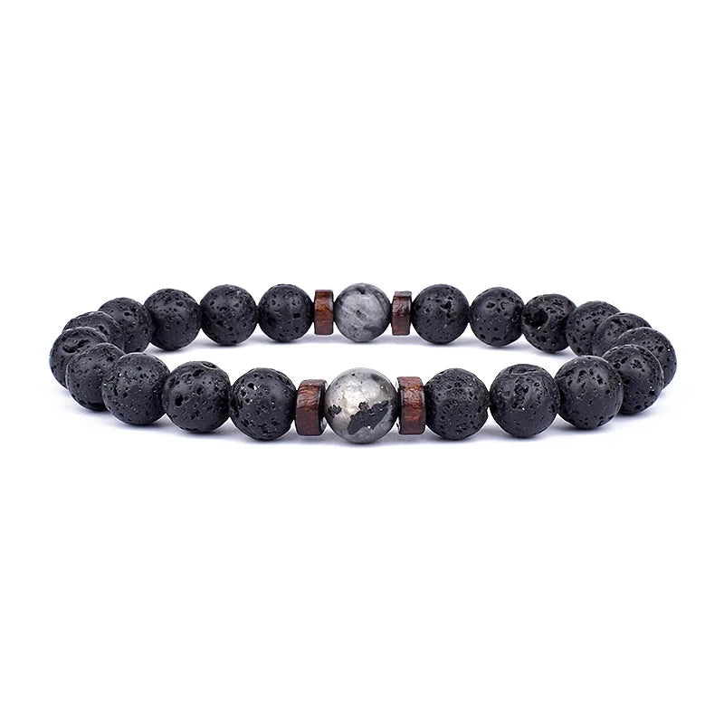 Bracelet bouddha tibétain – Perles de lave et bois (8 mm) Esprit Tibet Équilibre Gris S-17cm 
