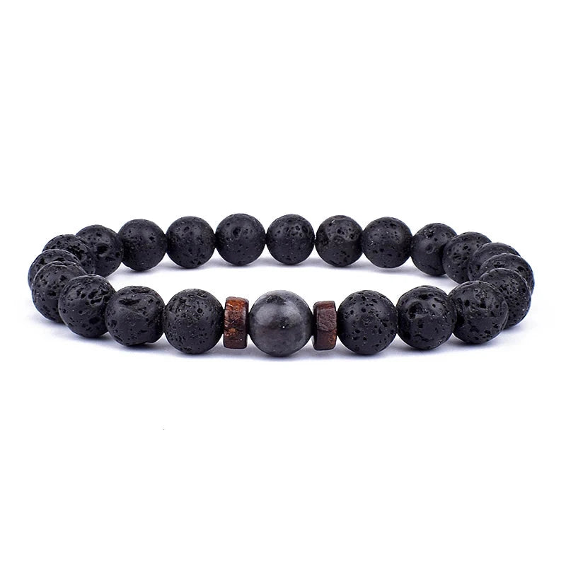 Bracelet bouddha tibétain – Perles de lave et bois (8 mm) Esprit Tibet Force Noire S-17cm 