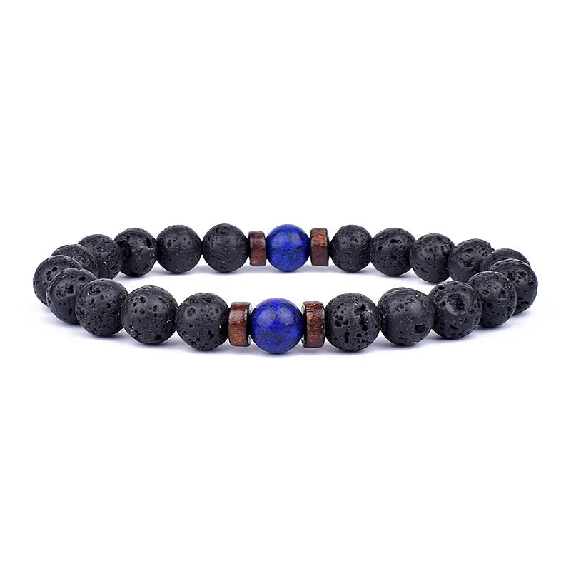 Bracelet bouddha tibétain – Perles de lave et bois (8 mm) Esprit Tibet Sagesse Bleue S-17cm 