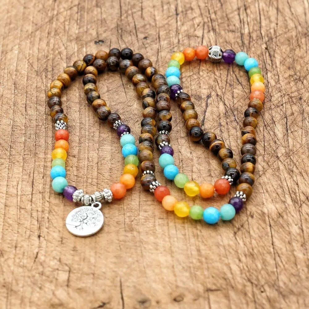 Bracelet de perles œil de tigre 7 Chakra Mala Esprit Tibet 