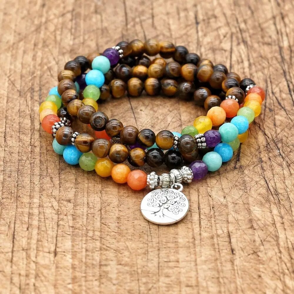 Bracelet de perles œil de tigre 7 Chakra Mala Esprit Tibet 