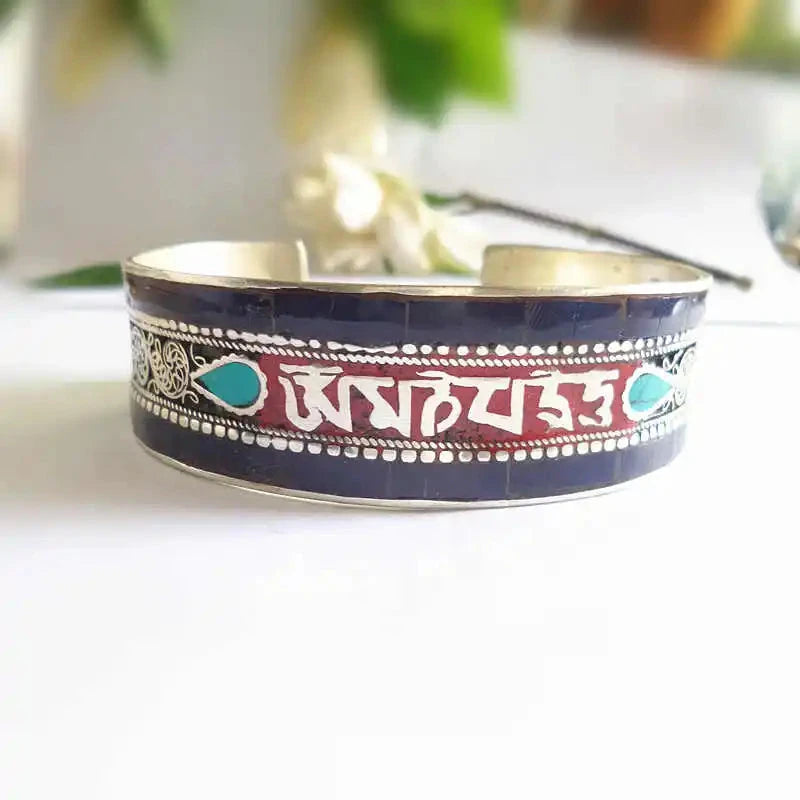 Bracelet Jonc Tibétain Mantra et OM – Alliage de Cuivre Esprit Tibet Bleu Méditation 