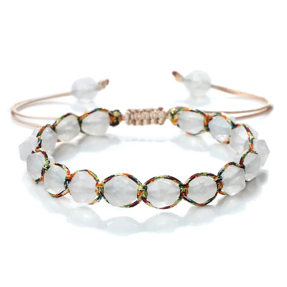 Bracelet Shamballa Tibétain – Énergie Bouddhiste 8 mm Esprit Tibet Lunaire (Quartz Blanc) 