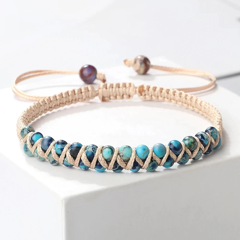 Bracelet Shamballa Tibétain – Pierre Naturelle Tressée Esprit Tibet Bleu Beige 