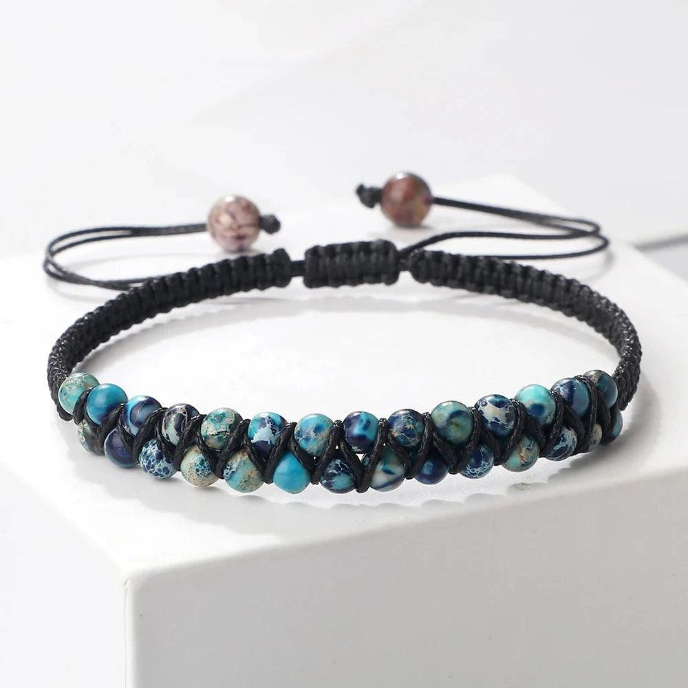Bracelet Shamballa Tibétain – Pierre Naturelle Tressée Esprit Tibet Bleu Nuit 