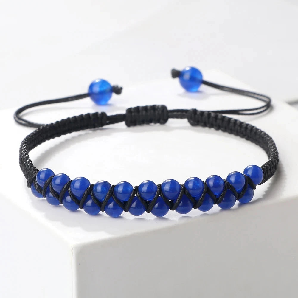 Bracelet Shamballa Tibétain – Pierre Naturelle Tressée Esprit Tibet Bleu Obscur 