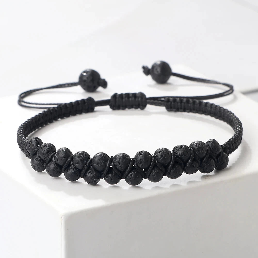 Bracelet Shamballa Tibétain – Pierre Naturelle Tressée Esprit Tibet Lave Sombre 
