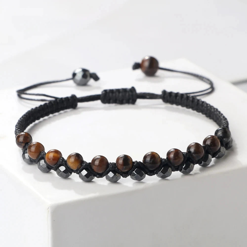 Bracelet Shamballa Tibétain – Pierre Naturelle Tressée Esprit Tibet Œil de Tigre Métal 