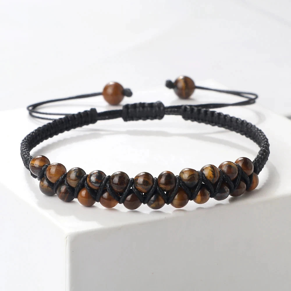 Bracelet Shamballa Tibétain – Pierre Naturelle Tressée Esprit Tibet Œil de Tigre Noir 