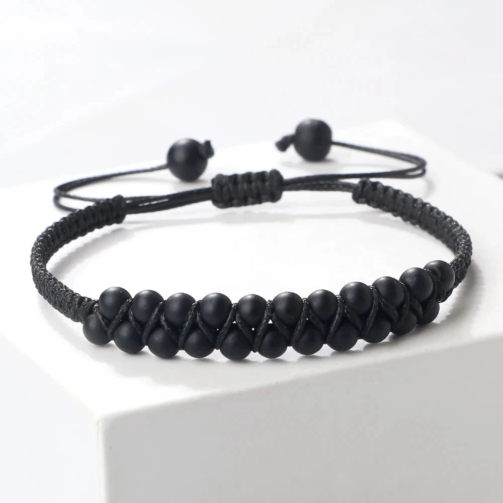 Bracelet Shamballa Tibétain – Pierre Naturelle Tressée Esprit Tibet Onyx Foncé 