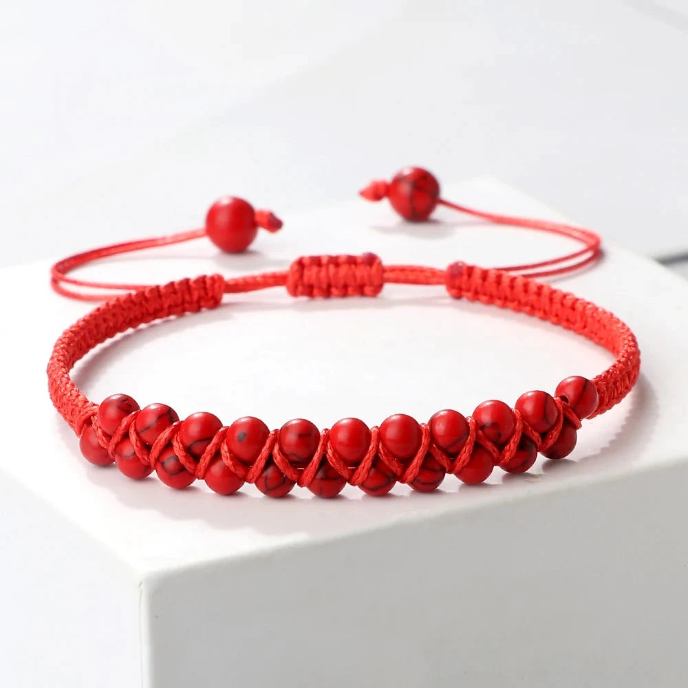 Bracelet Shamballa Tibétain – Pierre Naturelle Tressée Esprit Tibet Rouge Profond 