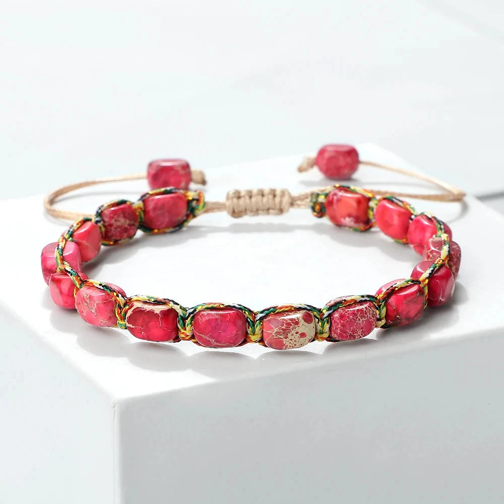 Bracelet tibétain bouddhiste – Shamballa perles minérales Esprit Tibet Énergie Lotus – Rouge 