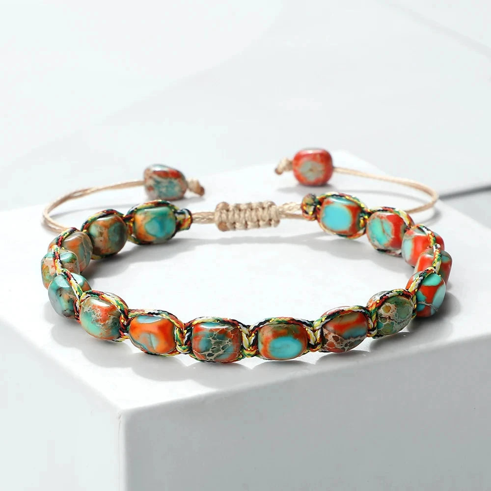 Bracelet tibétain bouddhiste – Shamballa perles minérales Esprit Tibet Lagune Solaire – Orange/Bleu 