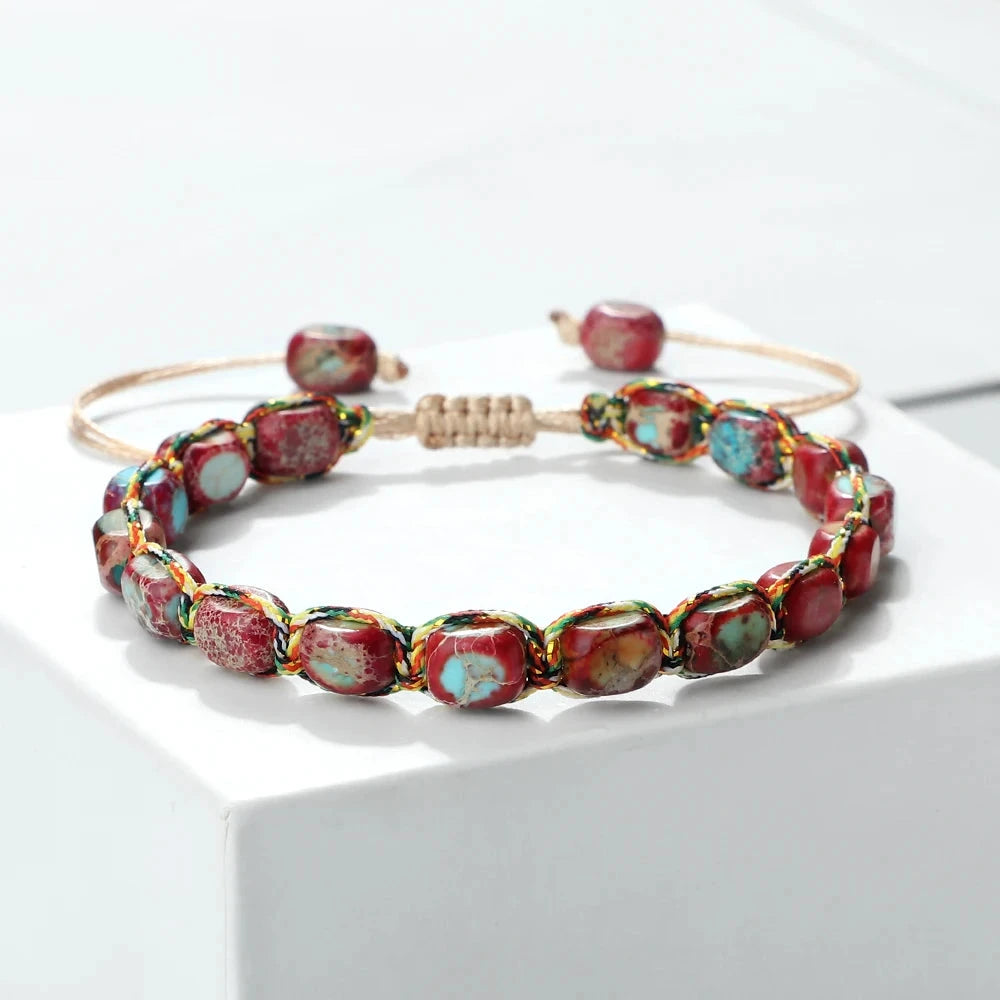 Bracelet tibétain bouddhiste – Shamballa perles minérales Esprit Tibet Vitalité Océan – Rouge/Bleu 