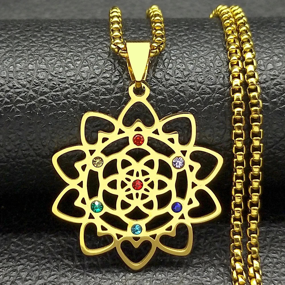 Collier 7 Chakras Fleur de Vie – Énergie et Harmonie Esprit Tibet Lumière Dorée (acier doré) 