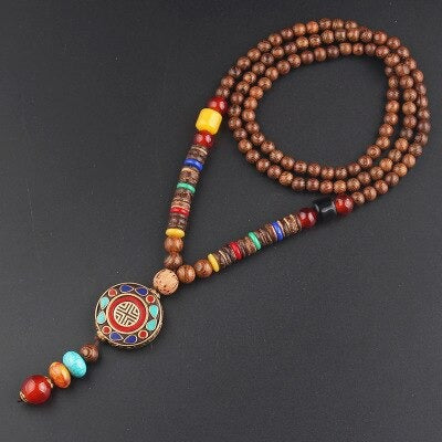 collier tibetain en perles de bois