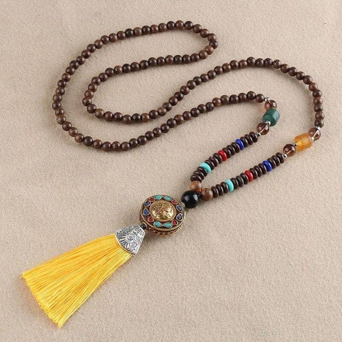 Collier tibétain perles de bois Esprit Tibet Jaune 