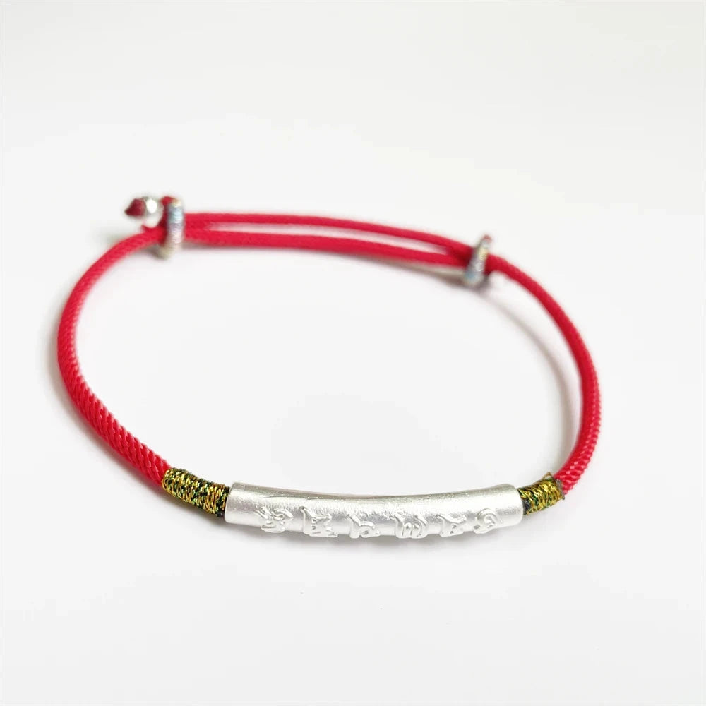 Lien Céleste – Bracelet tibétain bouddhiste corde rouge & barre argent 925 Esprit Tibet Lune argentée 
