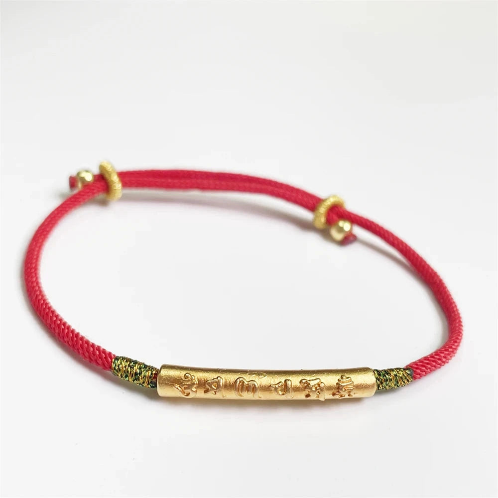 Lien Céleste – Bracelet tibétain bouddhiste corde rouge & barre argent 925 Esprit Tibet Soleil doré 