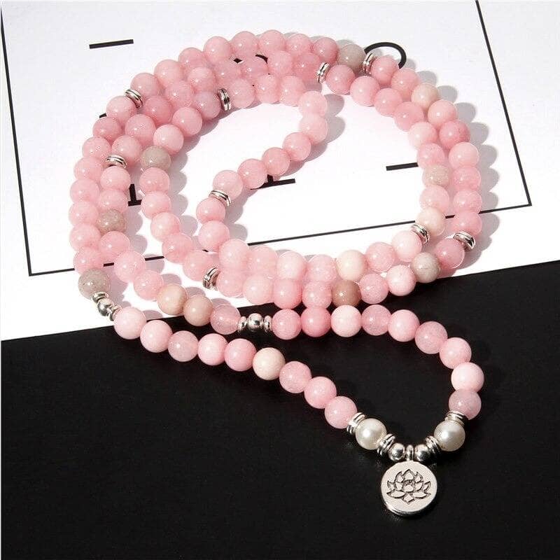 Mala tibétain en quartz rose - 108 perles et fleur de lotus Esprit Tibet 