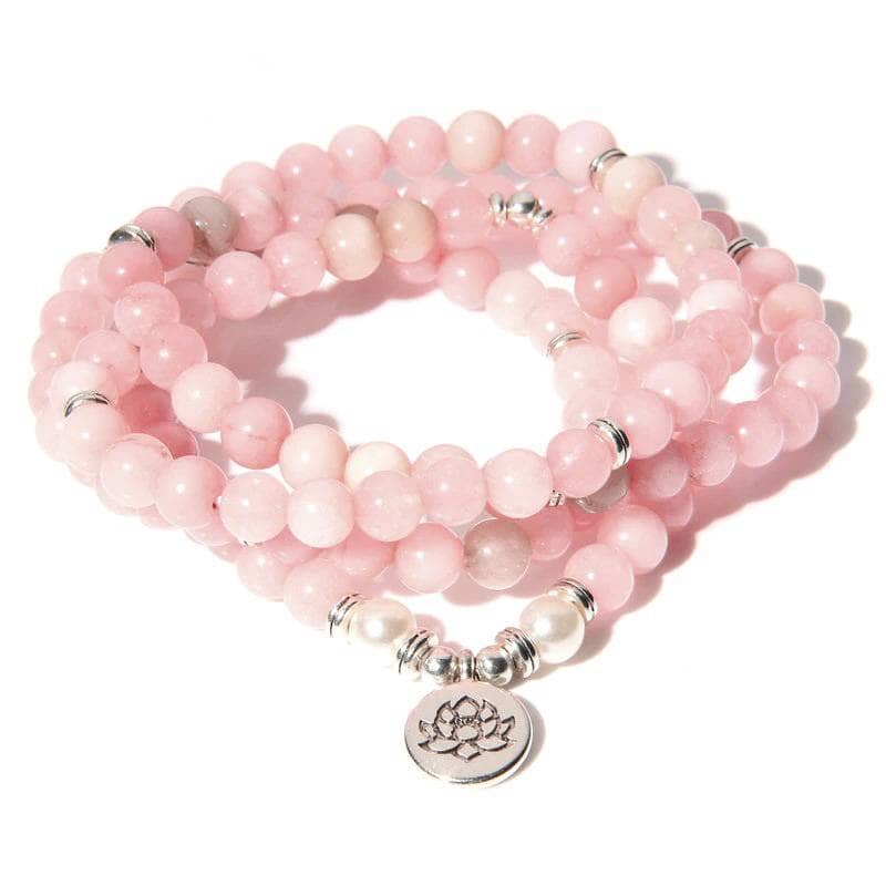 Mala tibétain en quartz rose - 108 perles et fleur de lotus Esprit Tibet 