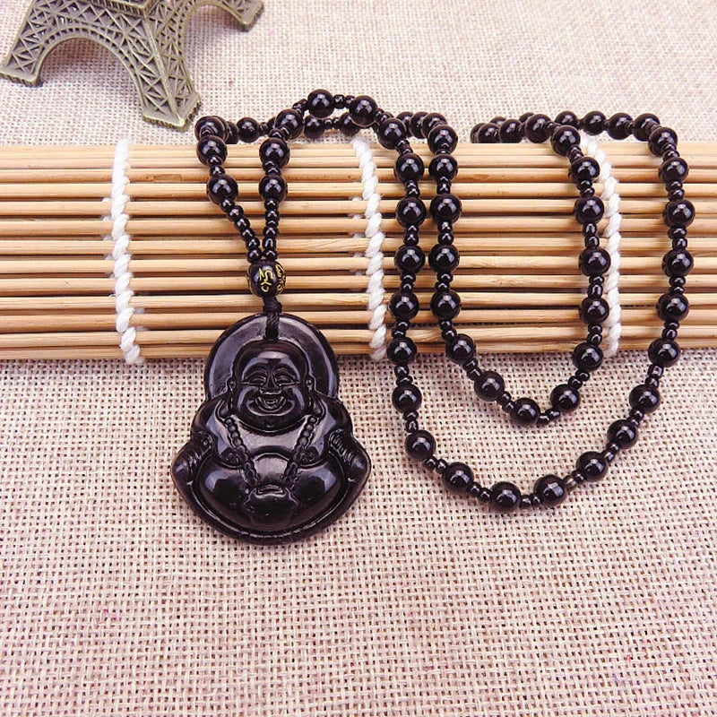 Pendentif Bouddha tibétain – Sagesse et protection en verre sculpté Esprit Tibet Bouddha Sérénité (noir profond) 