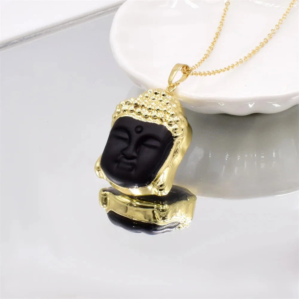 Sourire d’Or – Pendentif Bouddha & Cristal protecteur Esprit Tibet Onyx Noir 45cm 