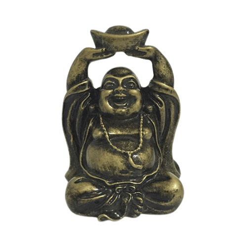 Statue Bouddha rieur assise, bras levés tenant un lingot doré au-dessus de la tête, finition bronze antique - Esprit Tibet