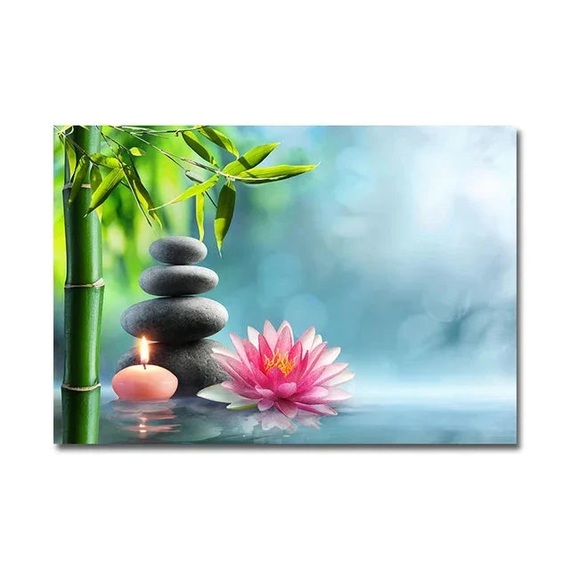 Tableau Zen Bambou et Pierres d'Eau Esprit Tibet Bleu Cascade 20x30cm 
